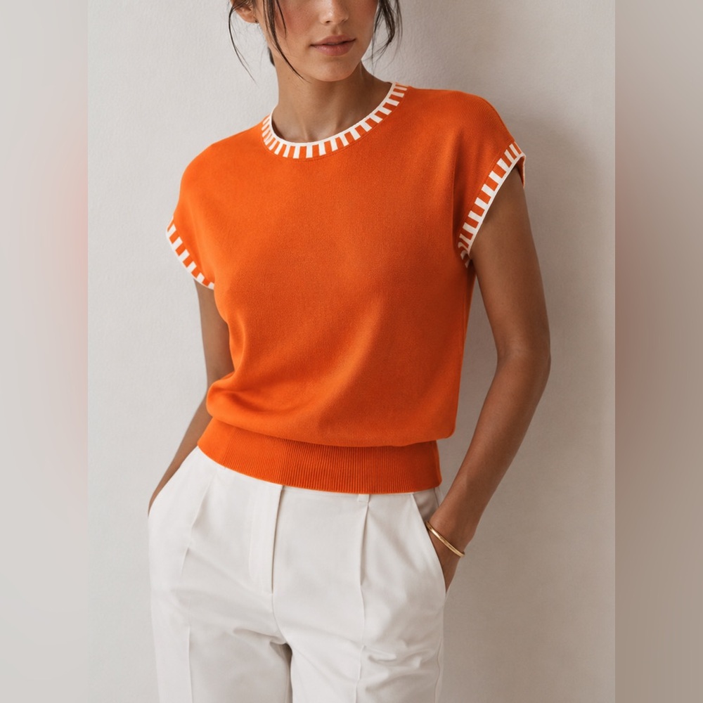 Commense Orange Knit Top with White Ladder Trim - Picture 1 of 4